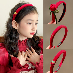 韩系红色花朵儿童丝绒发箍新款女童高级感头箍发饰女孩不勒头头饰