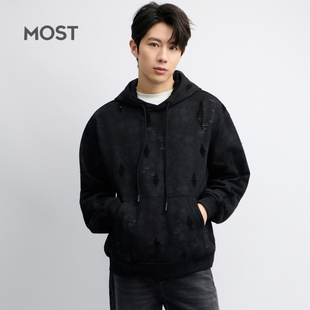 MOST/姆氏德黑色破洞镂空卫衣男慵懒风潮流连帽上衣C61317009