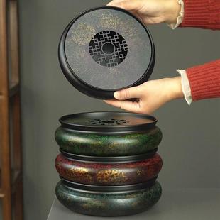 铁皮茶托台中式圆型茶盘壶承储水干泡茶台大漆老铁器复古茶具禅意