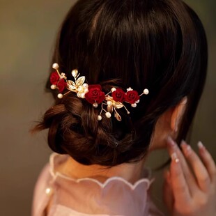 山茶花发夹新娘红花头饰秀禾汉服新中式后脑勺古风旗袍马面裙发饰