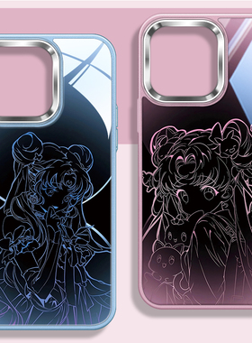 美少女战士玻璃手机壳适用苹果iPhone16promax姐妹15plus紫色线条水冰月14pmx女款ip11大孔13px不包镜头12pm