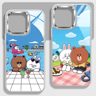 linefriends情侣手机壳适用苹果iPhone16promax布朗熊15plus可妮兔14pmx大镜头框13px大孔12pm玻璃保护套I11