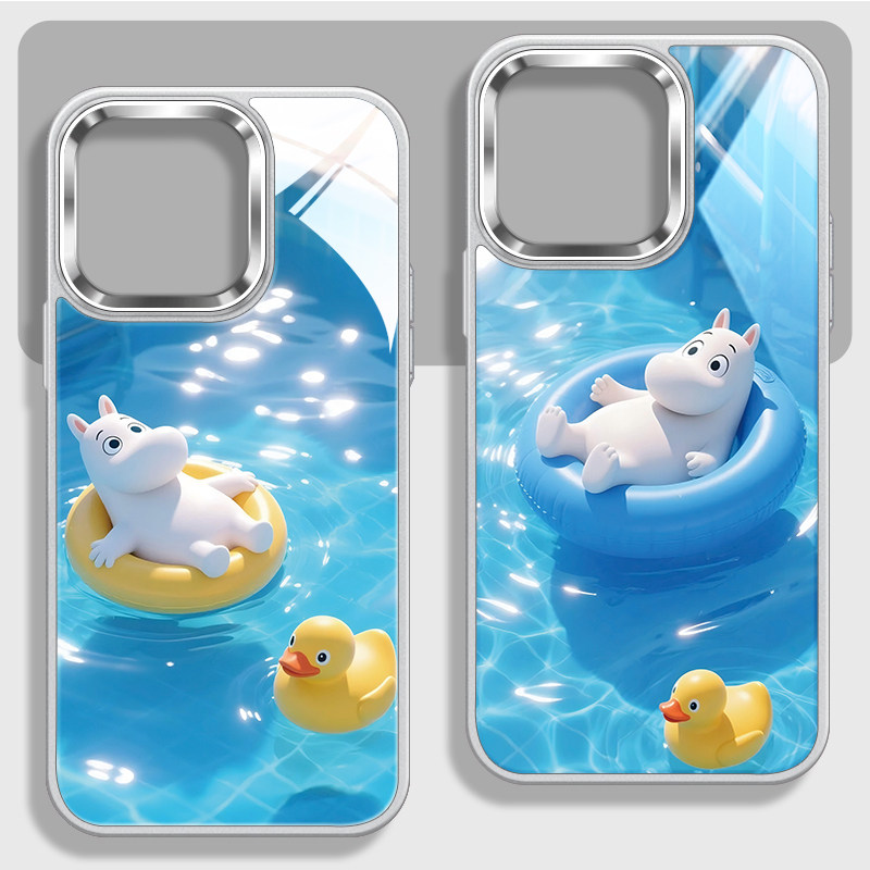 可爱游泳姆明不包镜头玻璃手机壳
