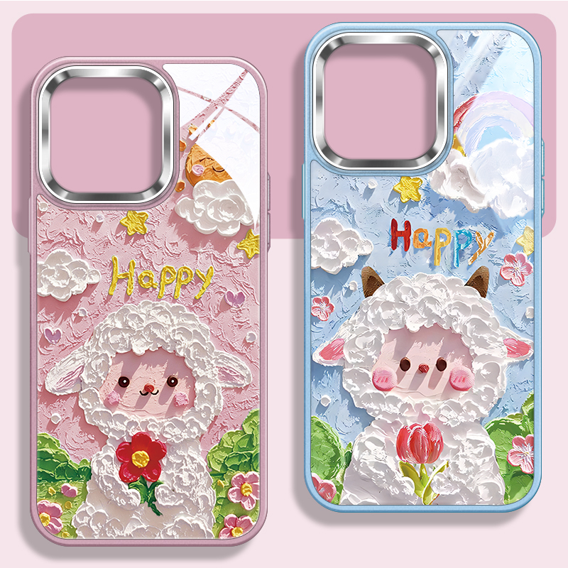 油画风小羊不包镜头玻璃手机壳