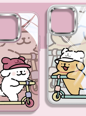 IP16情侣玻璃壳适用iPhone苹果15plus卡通可爱14promax个性13pm小众高级感12por大孔不包镜头框手机保护套i11