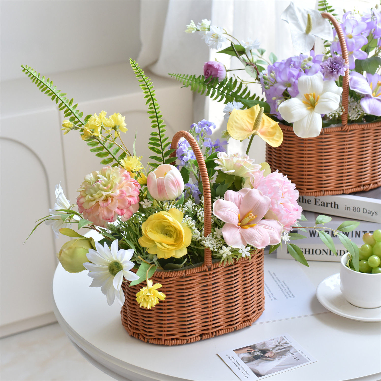 仿真花假花藤编花篮客厅餐桌装饰品摆设花艺摆件家居装饰品插花