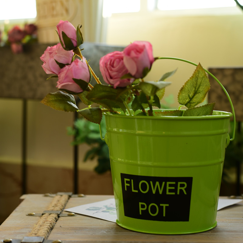 速发铁皮花盆田园家居装饰小花架多肉绿萝花盆花花干花插收纳桶筒