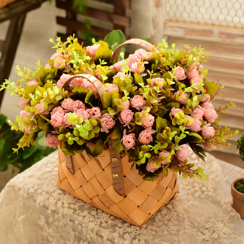 北欧手提小花篮鲜花插花篮子干花木片木质花篮竹篮手工编织藤编篮