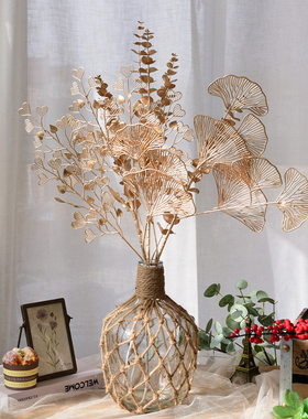 仿真尤加利金色银杏叶红果红色发财果配福桶插花假花仿真花艺摆件