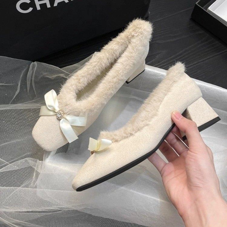 法式小香风加绒玛丽珍棉鞋女2025秋冬仙女温柔风蝴蝶结粗跟毛毛鞋,女鞋,棉鞋,淘宝优惠券,粉丝福利购,淘宝优惠卷