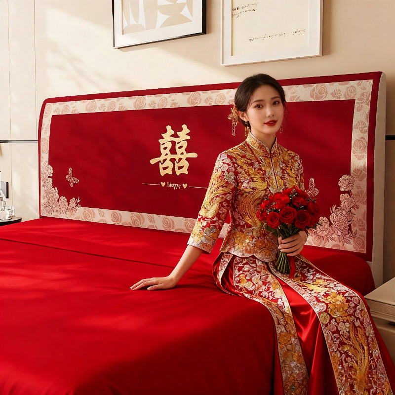 床头罩结婚红色喜庆木板床头盖巾婚房装饰高级感全包通用床头盖布