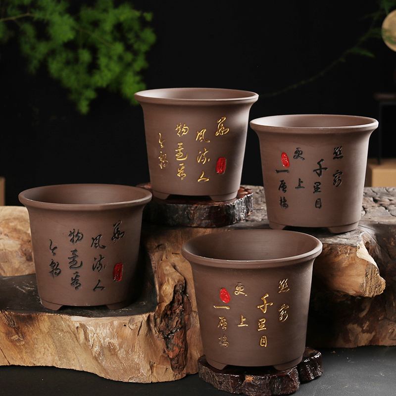 紫砂花盆绿植手工手绘圆形桌面