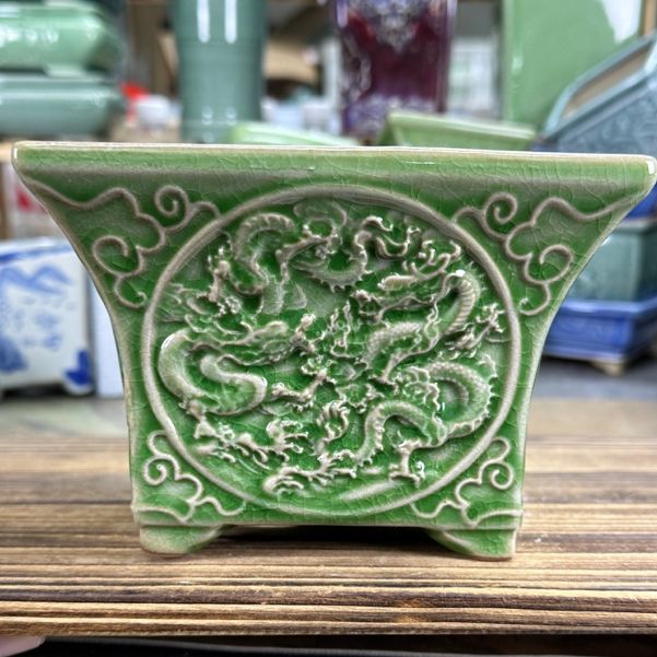 直播浮力823】14.5*14.5*10陶瓷浮雕冰裂石湾款双龙出海四方花盆