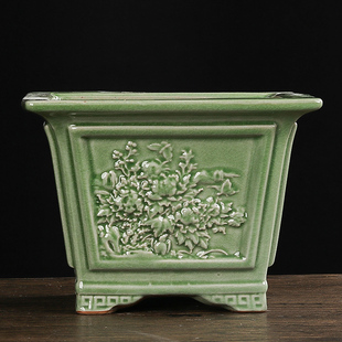 15cm青瓷浮雕冰裂青花牡丹造景大方盆绿植盆景大号花盆陶瓷