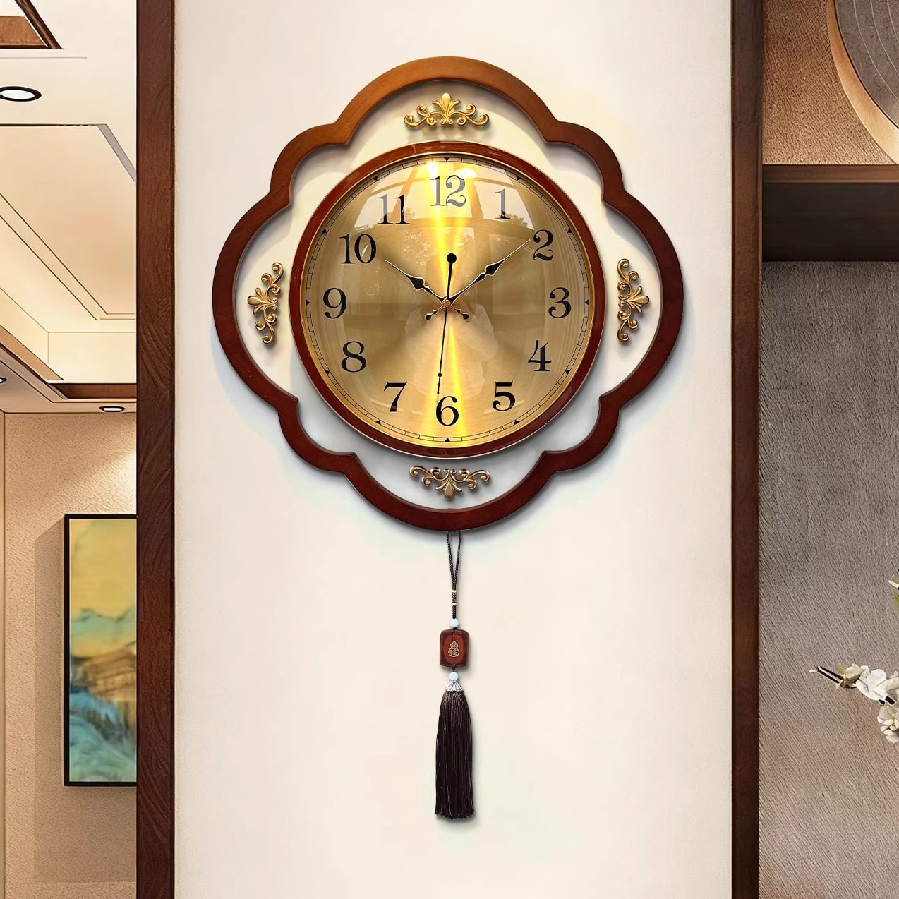 中式客厅静音实木挂钟