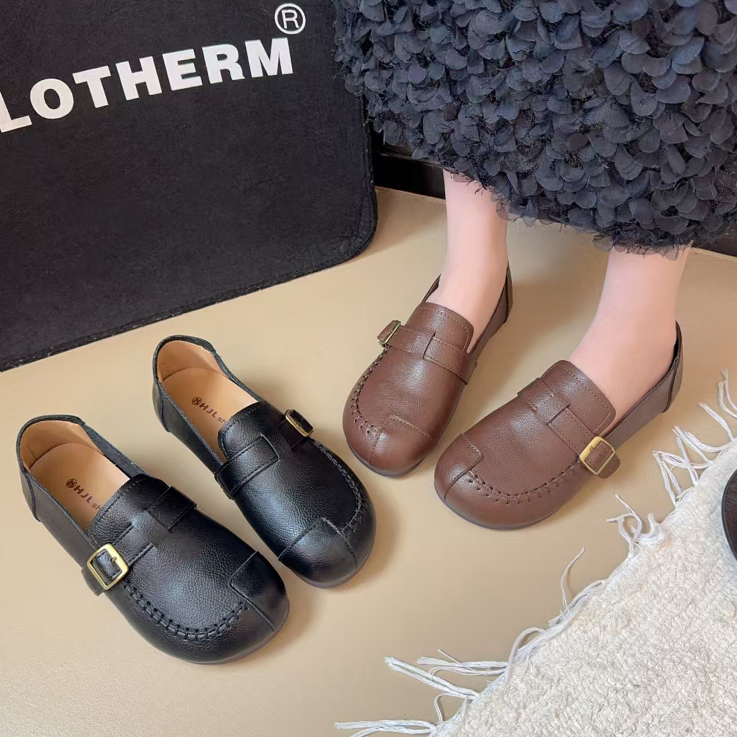 2026春秋新款女复古百搭休闲豆豆鞋平底乐福鞋软底舒适懒人妈妈鞋