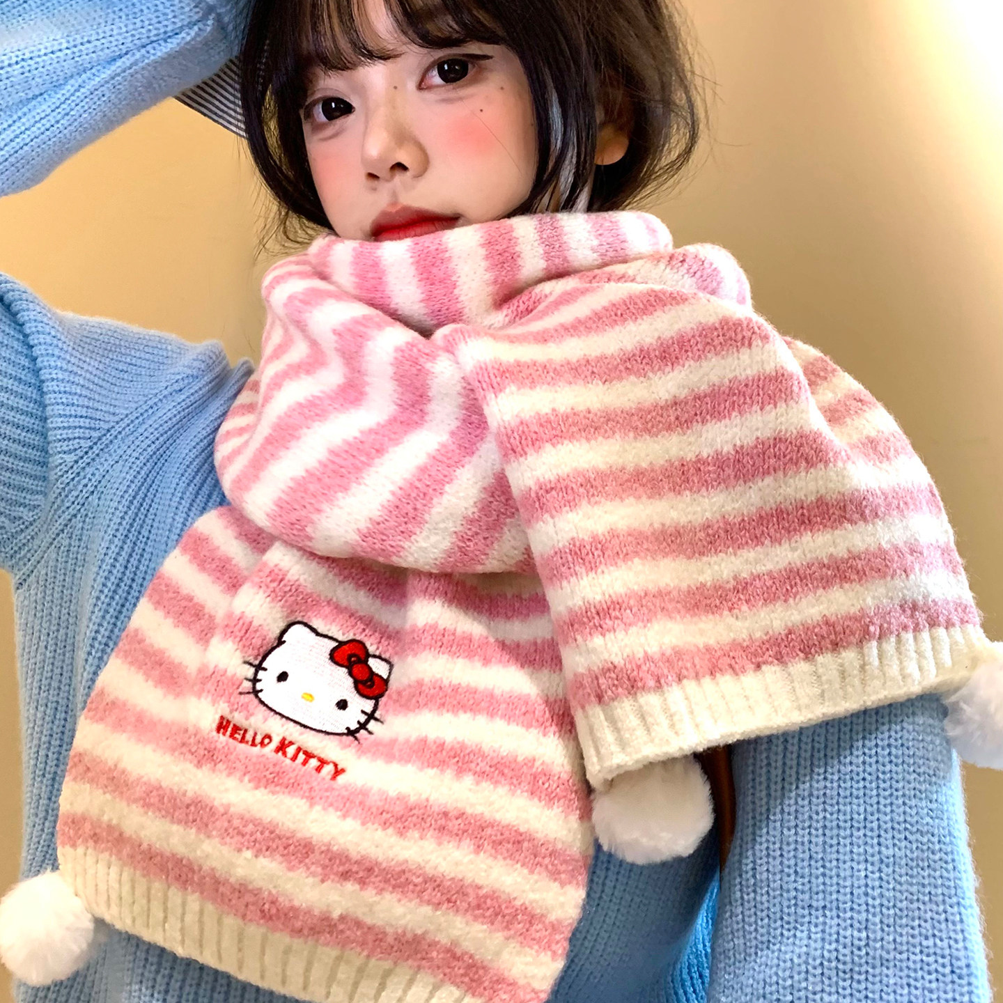 可爱卡通KT猫红色围巾女生新款秋冬加厚保暖针织围脖护颈披肩外搭