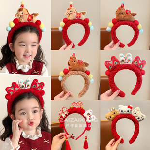 2026新年红色儿童马年发箍女童可爱醒狮头箍宝宝过年喜庆发卡头饰