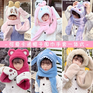 新款 婴儿男女童保暖防风护耳帽 儿童帽子围巾手套一体可爱宝宝冬季