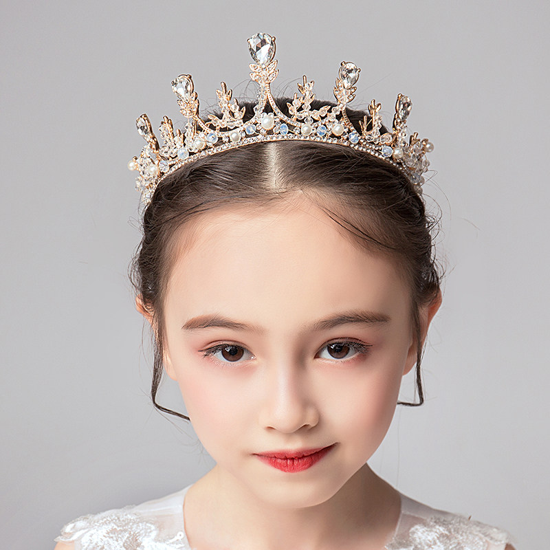 女童发饰皇冠头饰公主发箍儿童生日水晶王冠小孩粉色花童演出饰品