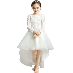 儿童婚纱裙小孩花童婚礼长袖加厚公主裙加绒女童鱼尾晚礼服主持人