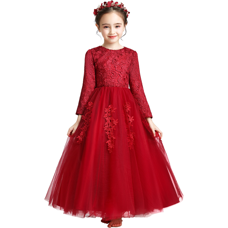 儿童晚礼服女童公主裙蓬蓬纱小孩生日婚纱钢琴演出服长袖加绒秋冬
