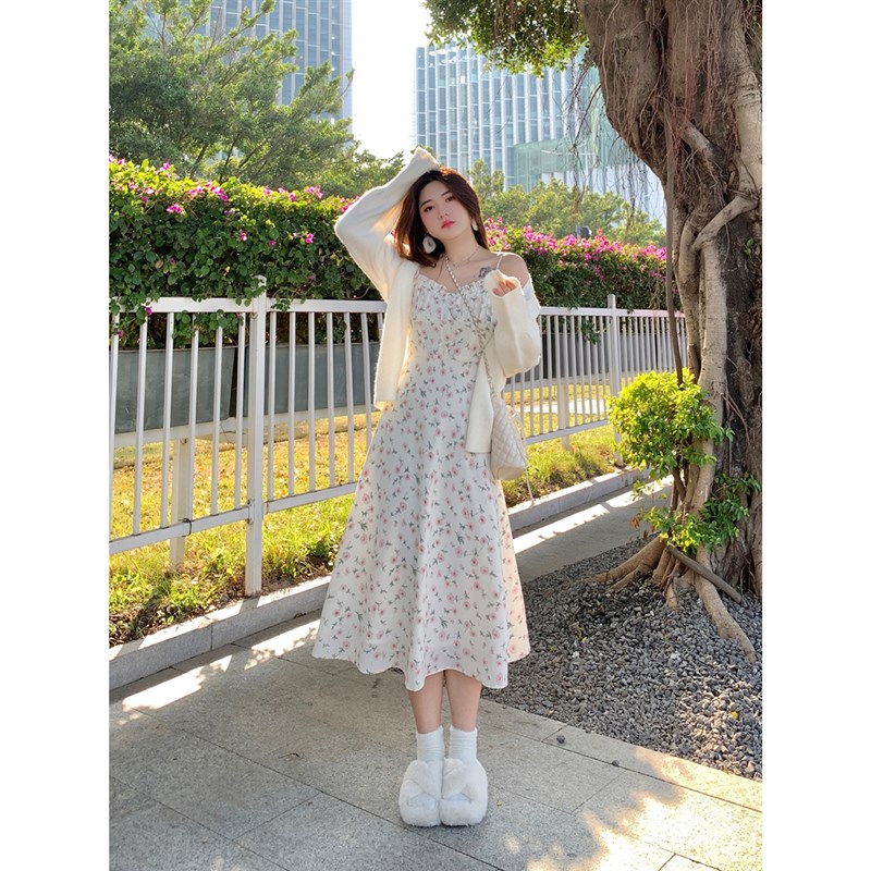 安妮不火温柔风碎花吊带裙女2022春季微K胖收腰气质连衣裙打底裙