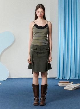 ATLAS 军绿色工装半身裙2024新款复古显瘦飘带口袋百搭短裙女