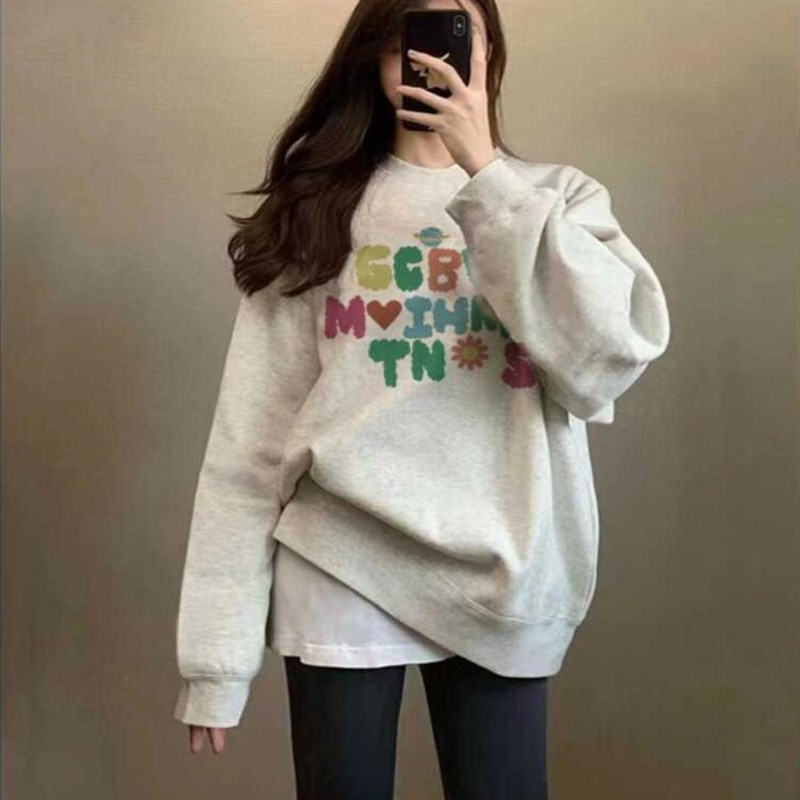 纯棉灰色圆领卫衣k女2025新款爆款秋冬加绒加厚美式宽松小个子上