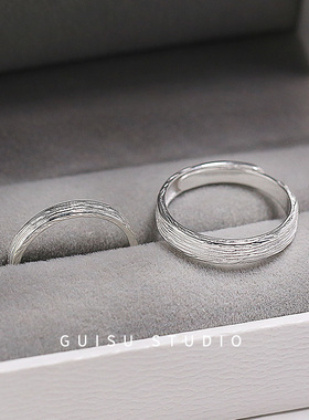 归素纯银一对情侣戒指女小众设计宽面素圈个性男925对戒开口刻字