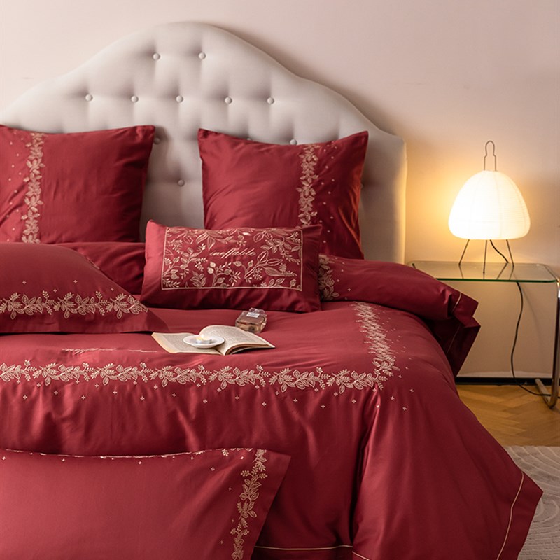 高端100支长绒棉丨结婚t庆四件套纯棉全棉红色床单被套新婚嫁床品