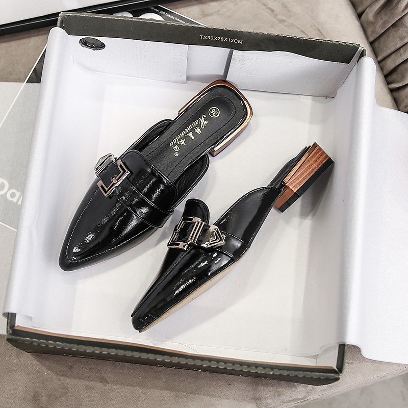 凉拖包头半拖鞋女中跟小皮鞋女配裙子大码女鞋春款新款潮41-43码