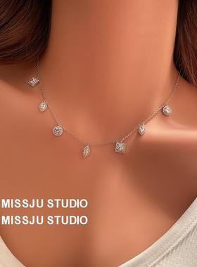 方形圆形树叶多个吊坠镶钻气质百搭几何形锆石项链简约锁骨颈链女