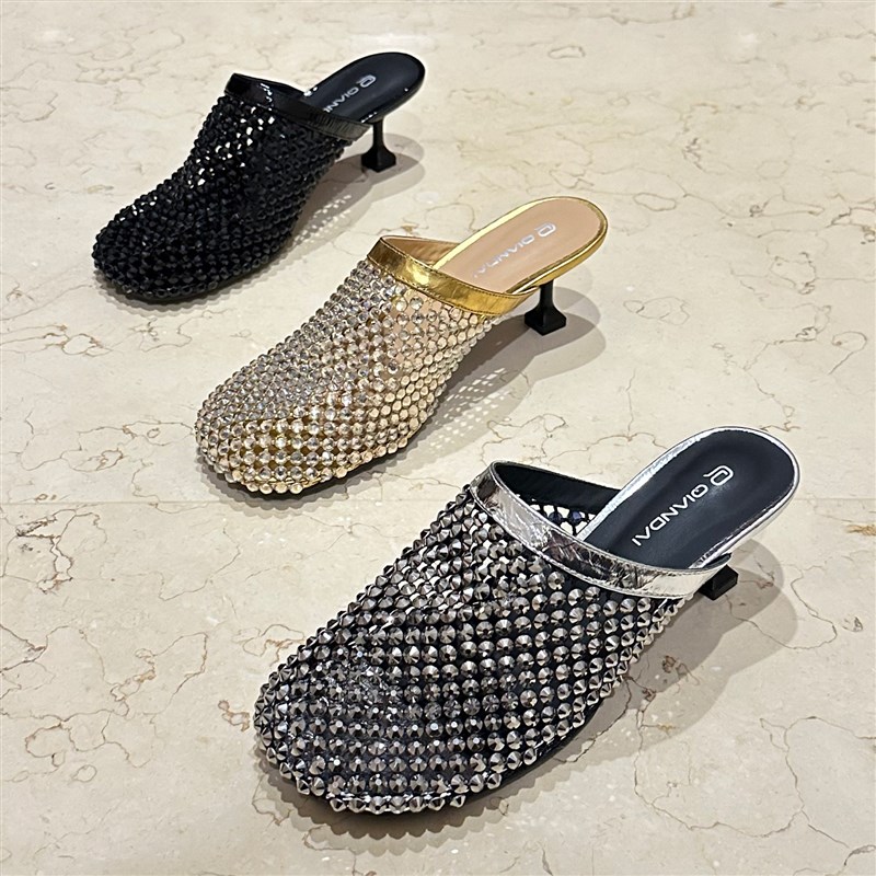 2025夏新款女鞋圆头细跟包头一字拖水钻透气网面舒适高跟凉拖鞋子