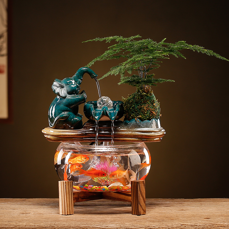 客厅自循环流水摆件迷你小鱼缸招财大象装饰小型办公室鱼缸水族箱