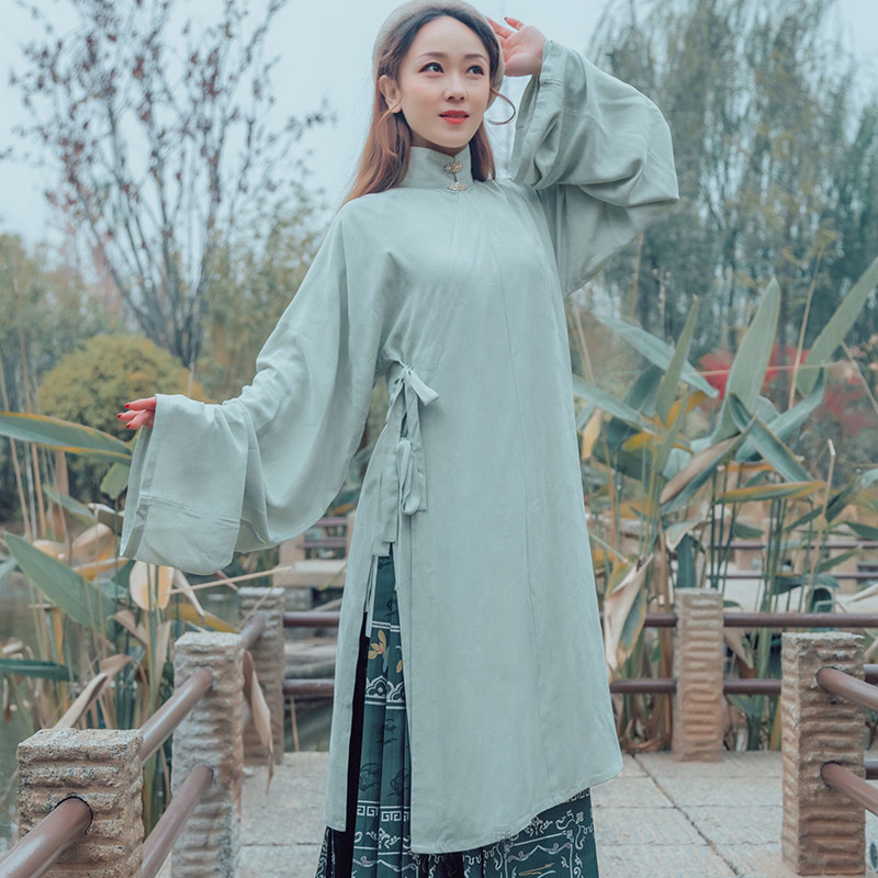 新品花無笔原创汉服女正品明制竖领长衫浅青大袄素色日常汉服春季