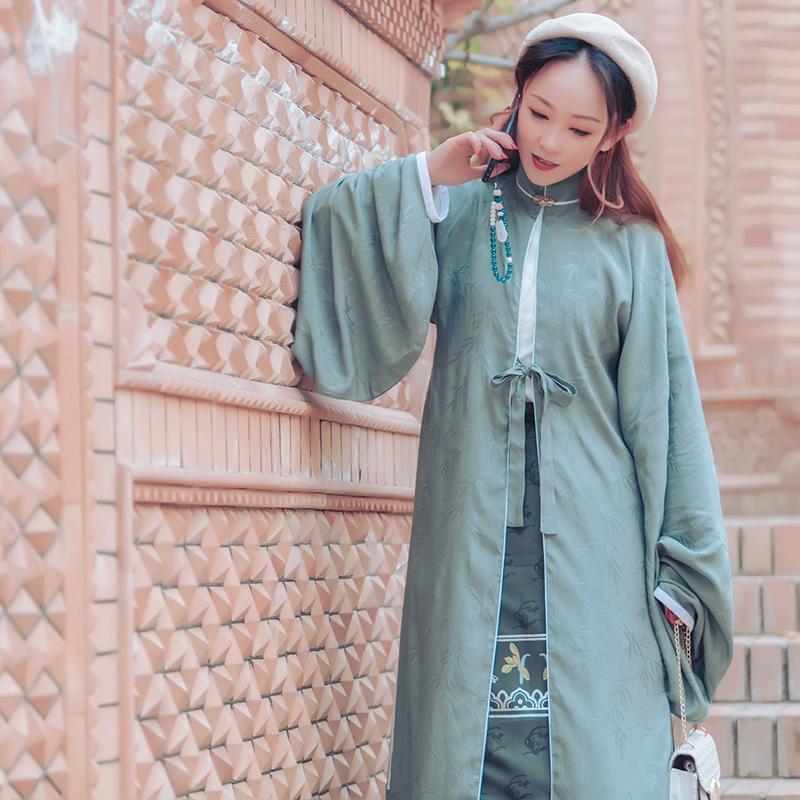 新品花無笔原创汉服竖领绿色素色