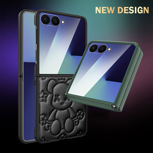 适用于三星Galaxy ZFlip7手机壳钢化贴膜flip7爆力熊真皮折叠屏彩绘f7660B铰链保护套f7610牛皮防摔壳膜一体