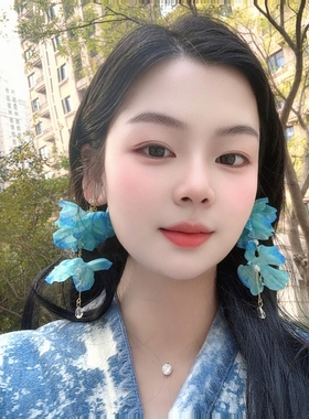 海边旅游度假蓝色花瓣流苏耳环耳饰耳钉耳夹耳坠个性夸张饰品新款