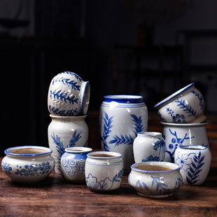 个性 多肉花盆粗陶透气复古陶瓷控根型小生石花青花瓷肉肉拇指盆