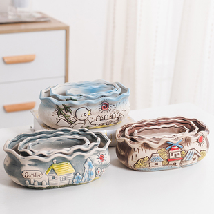 简约卡通可爱多肉植物肉肉长方形大口径老桩粗陶透气大号创意花盆