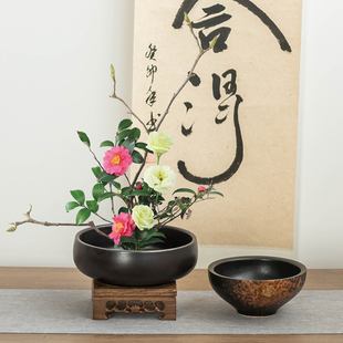 摆件 饰中式 复古剑山插花器皿大口径圆款 陶瓷客厅玄关花艺绿植装