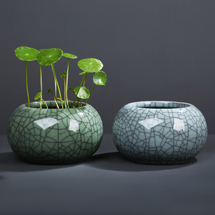 铜钱草哥窑花瓶陶瓷水培小花盆无孔绿植容器小清新桌面花器办公桌