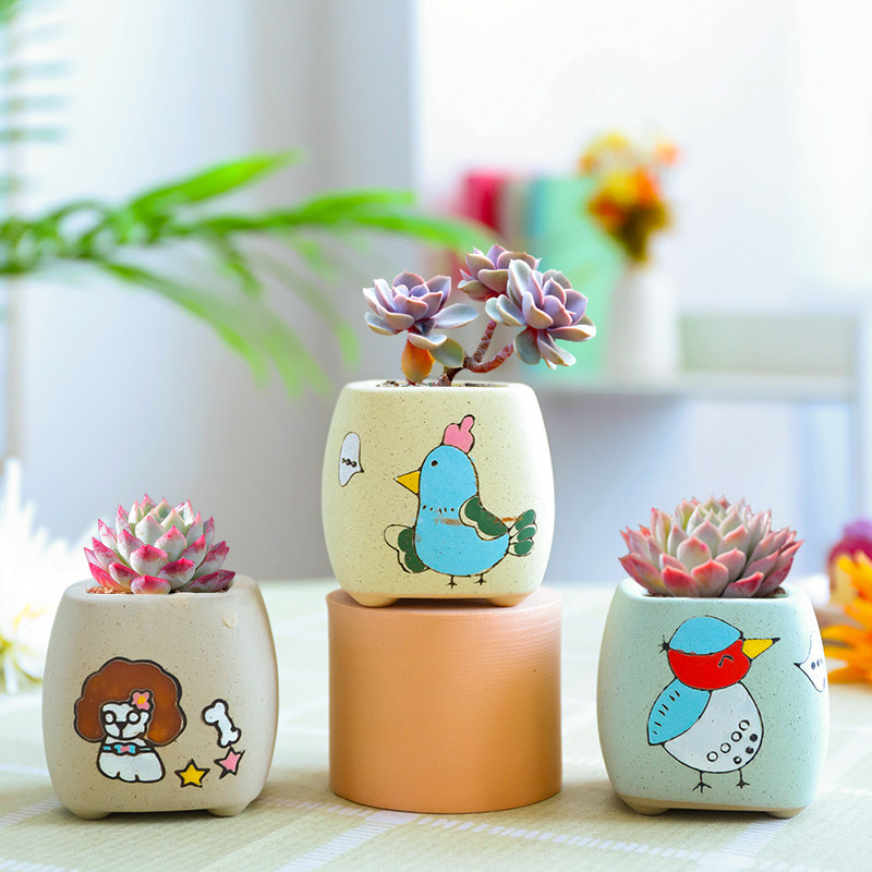卡通手绘多肉花盆透气室内桌面简约迷你动物花盆绿植盆栽粗陶小号