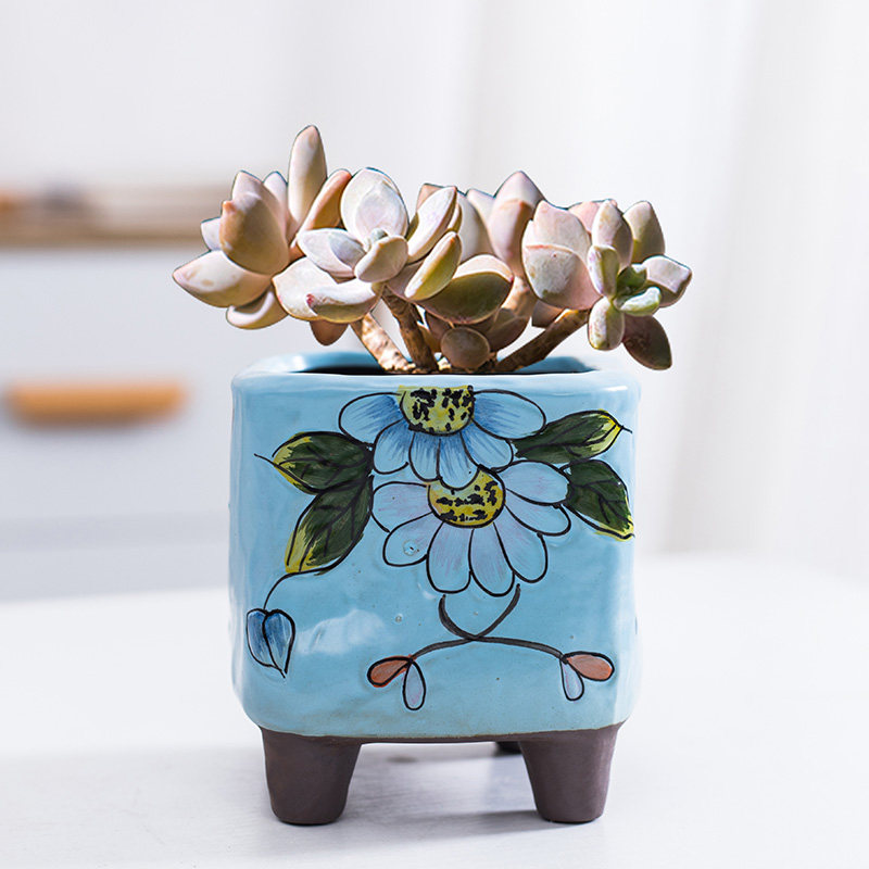 手绘韩式风多肉花盆简约四方形少女心创意个性肉肉陶瓷盆大号家用