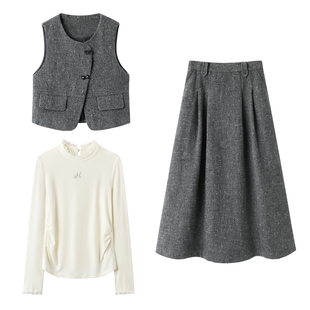 圆领灰色马甲衬衫 影系 无袖 通勤风高级短款 半身裙 轻职场三件套
