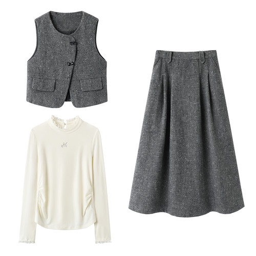 影系！轻职场三件套！通勤风高级短款无袖圆领灰色马甲衬衫半身裙