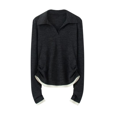 3110{艾}2025女装秋季新款气质显瘦翻领百搭拼色假两件针织衫上衣