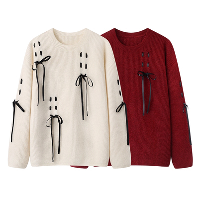 彩系の2025冬季气质甜美蝴蝶结系带休闲百搭套头针织衫红色毛衣女