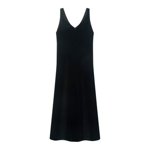 百搭气质优雅V领丝绒吊带连衣裙长裙女 新款 3109{艾}2025女装 秋季